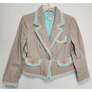 INTAITIONS Womens Brown & Beige Striped w Blue/Peach Trim Blazer-Size 6